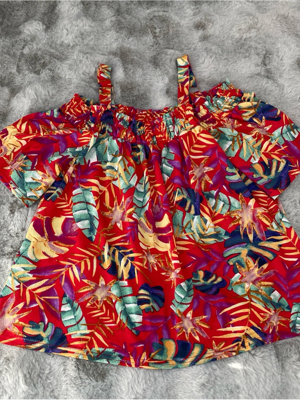 MELLODAY Red Tropical Off-Shoulder Floral Blouse-0308